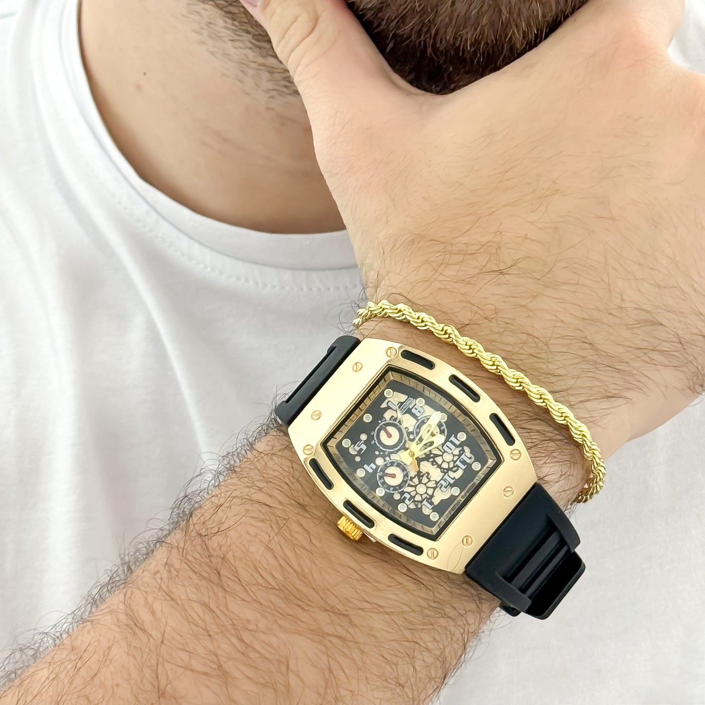 RELOJ RICHAR MILLE EN ORO AMARILLO + PULSERA LAZO SICILIANO  EN BAÑ0 DE ORO DE 18K ,