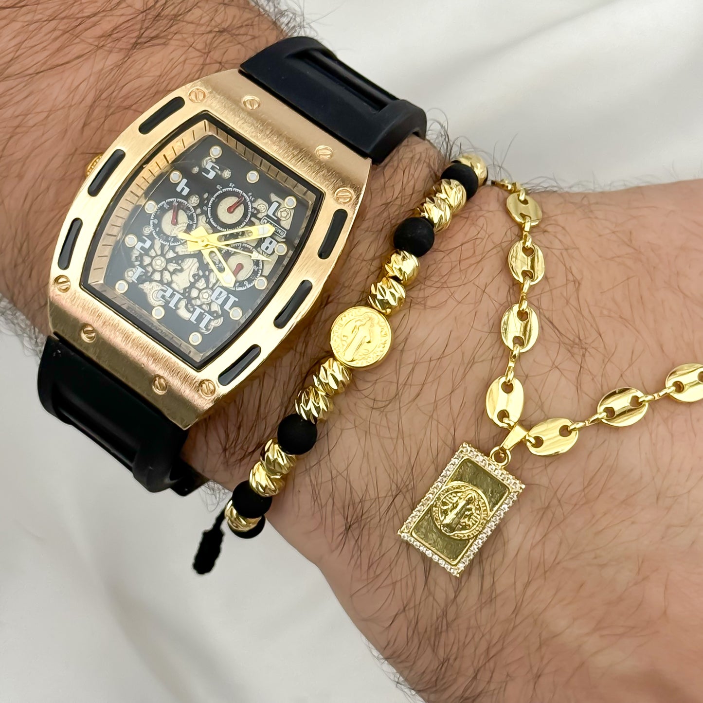 SET DE CADENA + MANILLA DE SAN BENITO PROTECION EN CADENA TEJIDO GUCCI EN ORO LAMINADO 24K CON GARANTIA +  RELOJ RICHAR MILLE