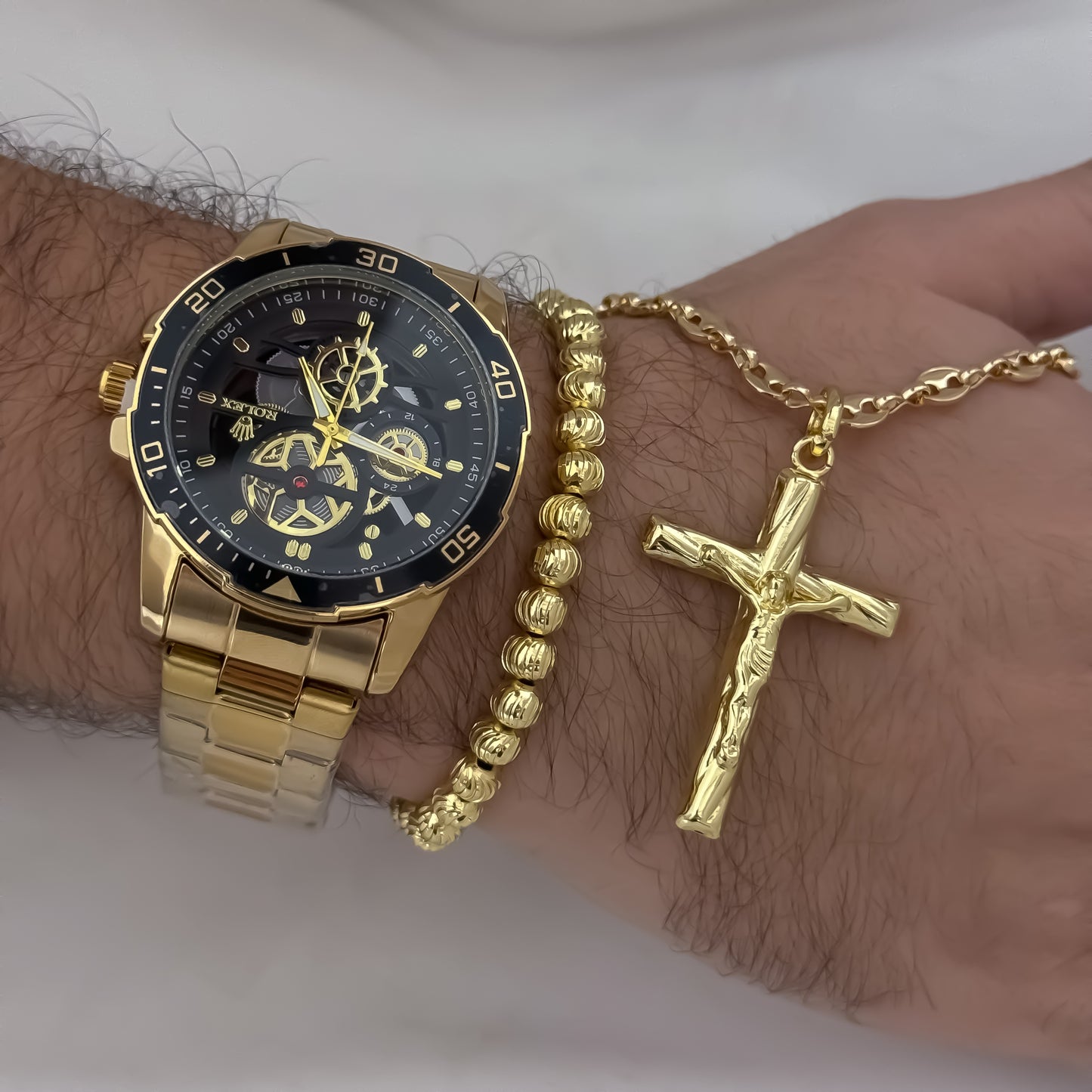 Cadena Tejido Gucci de Hombre de 60cm de 5mm de Grosor + Cruz Cristo Madero Protección + Pulsera Balin Italiano 6mm en Oro Laminado 18k con Garantia de por vida + Reloj Rolex