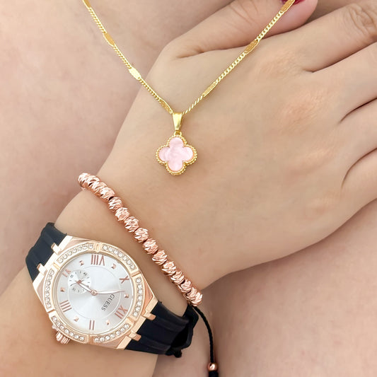 Conjunto de la Buena Suerte Cadena  Trebol Oro Rosa + Pulsera Oro Rosa Balin Italiano + Reloj  Guess en Baño de Oro de 18k con Garantia de por Vida