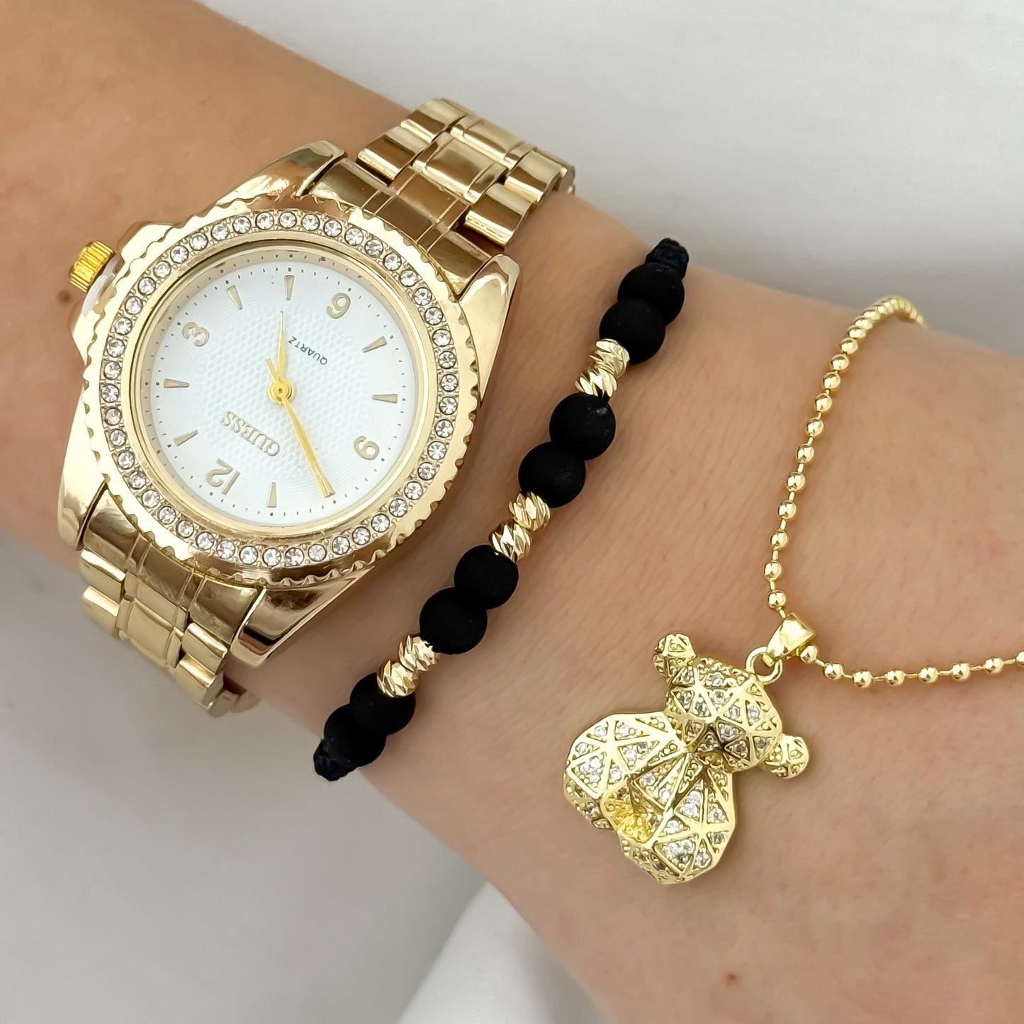 Conjunto para Dama Cadena Tejido Militar  + Oso Circones  + Pulseras Balin Italiano 4mm en Baño de Oro de 18k  + Reloj Guess con Circones con Garantia de por vida