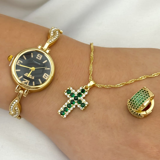 Conjunto  Verde Esmeralda Cadena Singapur + Cruz + Candonga en circonia verde Esmeralda + Reloj Quartiz de Alta Calidad en Baño de Oro de 18k